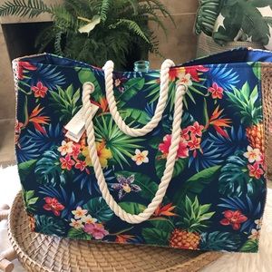 NWT! Tropical Pineapple Canvas & Straw Beach Bag Shopping Bag